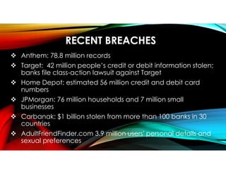 RECENT BREACHES
 Anthem: 78.8 million records
 Target: 42 million people’s credit or debit information stolen;
banks file class-action lawsuit against Target
 Home Depot: estimated 56 million credit and debit card
numbers
 JPMorgan: 76 million households and 7 million small
businesses
 Carbanak: $1 billion stolen from more than 100 banks in 30
countries
 AdultFriendFinder.com 3.9 million users' personal details and
sexual preferences
 