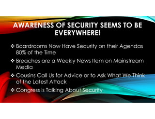 AWARENESS OF SECURITY SEEMS TO BE
EVERYWHERE!
 Boardrooms Now Have Security on their Agendas
80% of the Time
 Breaches are a Weekly News Item on Mainstream
Media
 Cousins Call Us for Advice or to Ask What We Think
of the Latest Attack
 Congress is Talking About Security
 