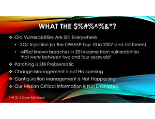 WHAT THE $%#%^%&*?
 Old Vulnerabilities Are Still Everywhere
• SQL Injection (in the OWASP Top 10 in 2007 and still there!)
• 44%of known breaches in 2014 came from vulnerabilities
that were between two and four years old1
 Patching is Still Problematic
 Change Management is not Happening
 Configuration Management is Not Happening
 Our Mission Critical Information is Not Encrypted
1 HP 2015 Cyber Risk Report
 