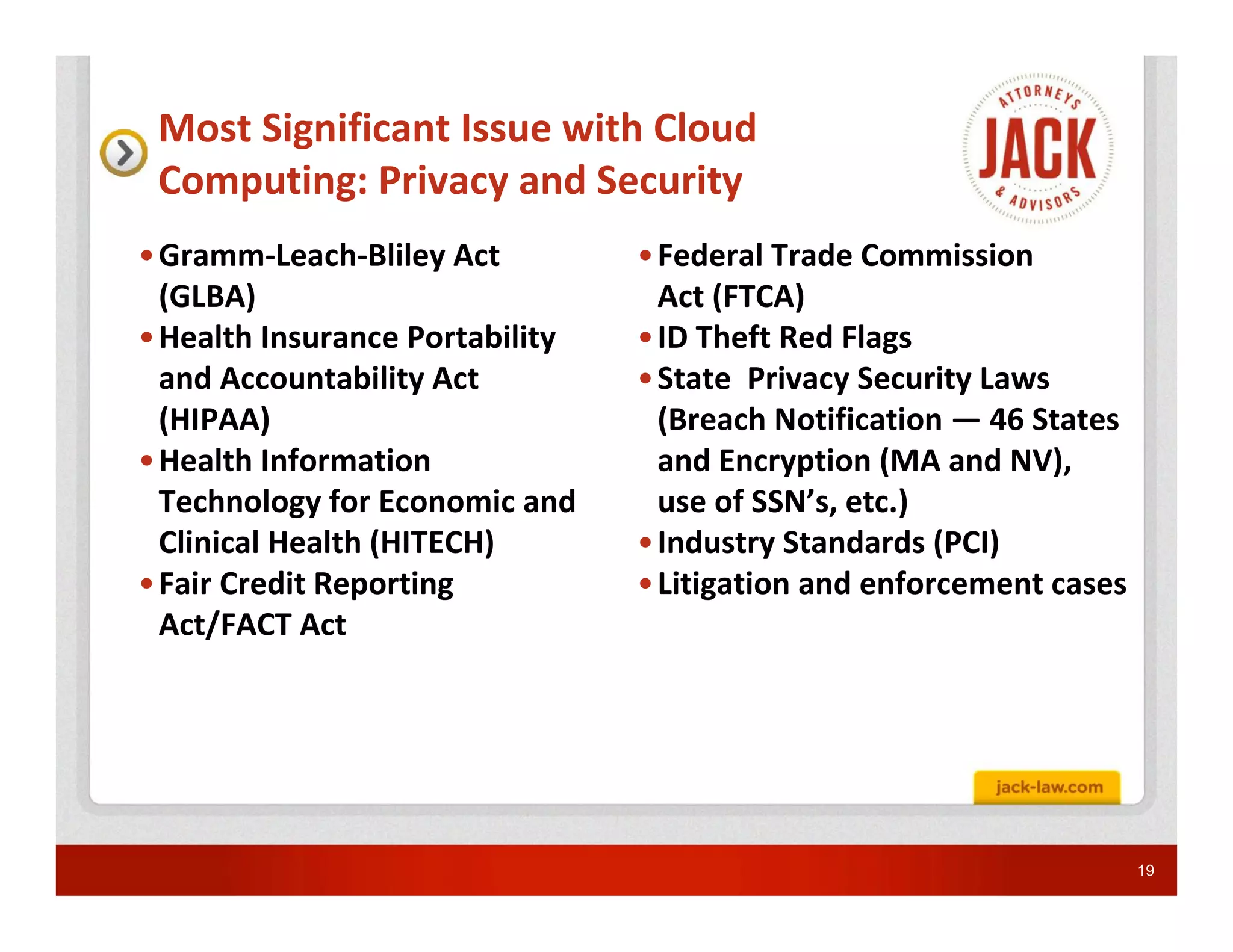 Most Significant Issue with Cloud
 Computing: Privacy and Security
• Gramm-Leach-Bliley Act         • Federal Trade Commission
  (GLBA)                           Act (FTCA)
• Health Insurance Portability   • ID Theft Red Flags
  and Accountability Act         • State Privacy Security Laws
  (HIPAA)                          (Breach Notification — 46 States
• Health Information               and Encryption (MA and NV),
  Technology for Economic and      use of SSN’s, etc.)
  Clinical Health (HITECH)       • Industry Standards (PCI)
• Fair Credit Reporting          • Litigation and enforcement cases
  Act/FACT Act




                                                                      19
 