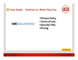 Case Study - Contract vs. What They Say


                        •Privacy Policy
                        •Terms of Use
                        •Security FAQ
                        •Pricing




                                          20
 