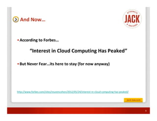 And Now…


• According to Forbes…

          “Interest in Cloud Computing Has Peaked”

• But Never Fear…its here to stay (for now anyway)




http://www.forbes.com/sites/reuvencohen/2012/05/24/interest-in-cloud-computing-has-peaked/




                                                                                             5
 