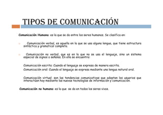 TIPOS DE COMUNICACIÓN
Comunicación Humana: es la que se da entre los seres humanos. Se clasifica en:

      Comunicación verbal, es aquella en la que se usa alguna lengua, que tiene estructura
   sintáctica y gramatical completa.

     Comunicación no verbal, que es en la que no se usa el lenguaje, sino un sistema
   especial de signos o señales. En ella se encuentra:

   Comunicación escrita: Cuando el lenguaje se expresa de manera escrita.
   Comunicación oral: Cuando el lenguaje se expresa mediante una lengua natural oral.

   Comunicación virtual: son las tendencias comunicativas que adoptan los usuarios que
   interactúan hoy mediante las nuevas tecnologías de información y comunicación.

Comunicación no humana: es la que se da en todos los seres vivos.
 