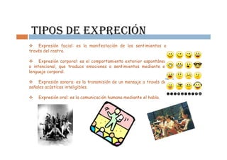TIPOS DE EXPRECIÓN
    Expresión facial: es la manifestación de los sentimientos a
través del rostro.

     Expresión corporal: es el comportamiento exterior espontáneo
o intencional, que traduce emociones o sentimientos mediante el
lenguaje corporal.

     Expresión sonora: es la transmisión de un mensaje a través de
señales acústicas inteligibles.

    Expresión oral: es la comunicación humana mediante el habla.
 