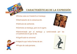 CARACTERÍSTICAS DE LA EXPRESIÓN

 Forma como se transmite el mensaje.

 Instrumento de la comunicación.

 Vehículo de contenido.

 Contiene un mensaje, pero no lo agota.

  Determinada por el mensaje y condicionada por las
circunstancias en que se da.

 Significado no universal.

 Aspecto que indica forma de ser.

 Propia de cada persona.
 