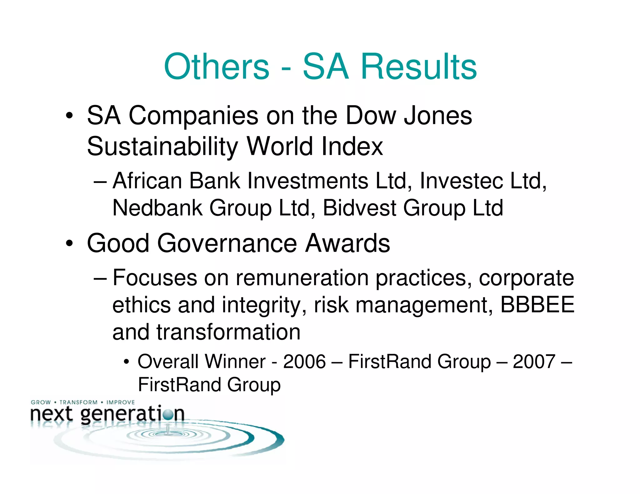 Others - SA Results
• SA Companies on the Dow Jones
Sustainability World Index
– African Bank Investments Ltd, Investec Ltd,
Nedbank Group Ltd, Bidvest Group Ltd
• Good Governance Awards
– Focuses on remuneration practices, corporate
ethics and integrity, risk management, BBBEE
and transformation
• Overall Winner - 2006 – FirstRand Group – 2007 –
FirstRand Group