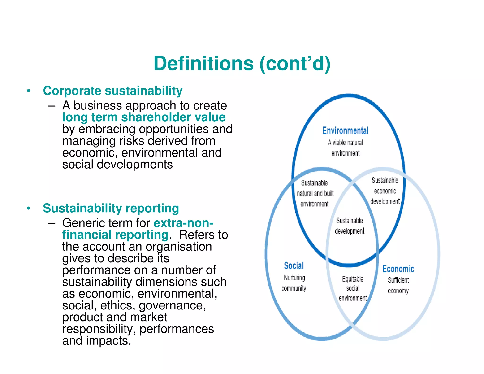 Definitions (cont’d)
• Corporate sustainability
– A business approach to create
long term shareholder value
by embracing opportunities and
managing risks derived from
economic, environmental and
social developments
• Sustainability reporting
– Generic term for extra-non-
financial reporting. Refers to
the account an organisation
gives to describe its
performance on a number of
sustainability dimensions such
as economic, environmental,
social, ethics, governance,
product and market
responsibility, performances
and impacts.
