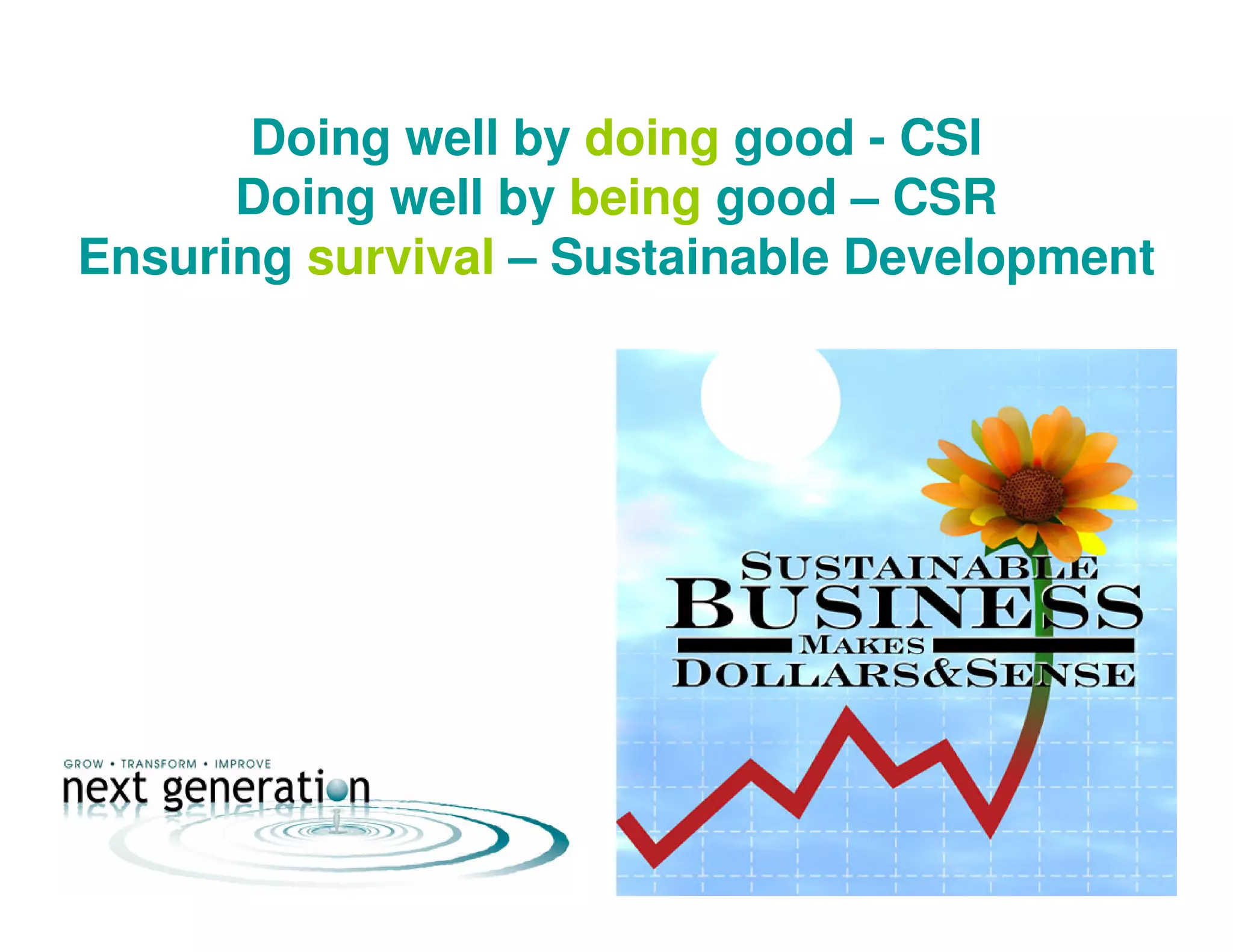 Doing well by doing good - CSI
Doing well by being good – CSR
Ensuring survival – Sustainable Development