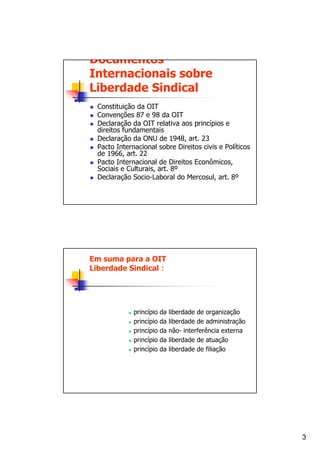 Documentos
Internacionais sobre
Liberdade Sindical
  Constituição da OIT
  Convenções 87 e 98 da OIT
  Declaração da OIT relativa aos princípios e
  direitos fundamentais
  Declaração da ONU de 1948, art. 23
  Pacto Internacional sobre Direitos civis e Políticos
  de 1966, art. 22
  Pacto Internacional de Direitos Econômicos,
  Sociais e Culturais, art. 8º
  Declaração Socio-Laboral do Mercosul, art. 8º




Em suma para a OIT
Liberdade Sindical :




              princípio   da   liberdade de organização
              princípio   da   liberdade de administração
              princípio   da   não- interferência externa
              princípio   da   liberdade de atuação
              princípio   da   liberdade de filiação




                                                            3
 