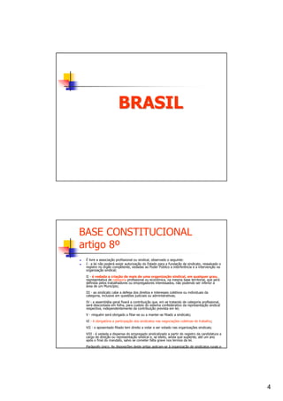 BRASIL




BASE CONSTITUCIONAL
artigo 8º
 É livre a associação profissional ou sindical, observado o seguinte:
 I - a lei não poderá exigir autorização do Estado para a fundação de sindicato, ressalvado o
 registro no órgão competente, vedadas ao Poder Público a interferência e a intervenção na
 organização sindical;
 II - é vedada a criação de mais de uma organização sindical, em qualquer grau,
 representativa de categoria profissional ou econômica, na mesma base territorial, que será
 definida pelos trabalhadores ou empregadores interessados, não podendo ser inferior à
 área de um Município;
 III - ao sindicato cabe a defesa dos direitos e interesses coletivos ou individuais da
 categoria, inclusive em questões judiciais ou administrativas;
 IV - a assembléia geral fixará a contribuição que, em se tratando de categoria profissional,
 será descontada em folha, para custeio do sistema confederativo da representação sindical
 respectiva, independentemente da contribuição prevista em lei;
 V - ninguém será obrigado a filiar-se ou a manter-se filiado a sindicato;
 VI - é obrigatória a participação dos sindicatos nas negociações coletivas de trabalho;
 VII - o aposentado filiado tem direito a votar e ser votado nas organizações sindicais;
 VIII - é vedada a dispensa do empregado sindicalizado a partir do registro da candidatura a
 cargo de direção ou representação sindical e, se eleito, ainda que suplente, até um ano
 após o final do mandato, salvo se cometer falta grave nos termos da lei.
 Parágrafo único. As disposições deste artigo aplicam-se à organização de sindicatos rurais e
 de colônias de pescadores, atendidas as condições que a lei estabelecer.




                                                                                                4
 