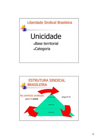 Liberdade Sindical Brasileira



           Unicidade
                 Base territorial
                 Categoria




       ESTRUTURA SINDICAL
      BRASILEIRA

As centrais sindicais    CONFEDERAÇÃO   Artigo 8º CF
                                               8º
    Lei n.º 11.648/08


                          FEDERAÇÃO




                          SINDICATOS




                                                       5
 