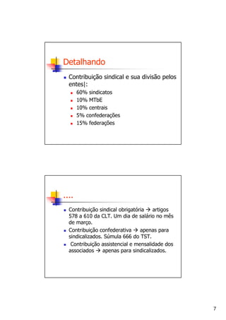 Detalhando
  Contribuição sindical e sua divisão pelos
  entes|:
       60% sindicatos
       10% MTbE
       10% centrais
       5% confederações
       15% federações




....
  Contribuição sindical obrigatória   artigos
  578 a 610 da CLT. Um dia de salário no mês
  de março.
  Contribuição confederativa     apenas para
  sindicalizados. Súmula 666 do TST.
   Contribuição assistencial e mensalidade dos
  associados     apenas para sindicalizados.




                                                 7
 