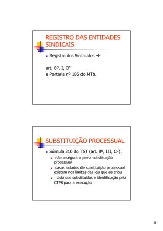 REGISTRO DAS ENTIDADES
SINDICAIS
 Registro dos Sindicatos

art. 8º, I, CF
e Portaria nº 186 do MTb.




SUBSTITUIÇÃO PROCESSUAL
 Súmula 310 do TST (art. 8º, III, CF):
    não assegura a plena substituição
   processual
    casos isolados de substituição processual
   existem nos limites das leis que os criou
     Lista dos substituídos e identificação pela
   CTPS para a execução




                                                   8
 