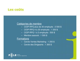 Les coûts



     Catégories de membre
        –   CIOP-RPQ plus de 30 employés : 2 500 $
        –   CIOP-RPQ 4 à 30 employés : 1 250 $
        –   CIOP-RPQ 1 à 3 employés : 500 $
        –   Membre associé : 1 500 $
     Formations
        – Cercle Ventes Marketing : 1 250 $
        – Cercle des Dirigeants : 1 300 $
 