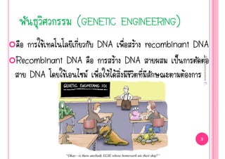 (GENETIC ENGINEERING)
      Œ           DNA     Œ recombinant DNA
Recombinant DNA       Œ DNA         š     ‹




                                             By Thanyamon C.
   DNA      Œ      Œ Œ               Œ




                                         3
 