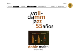 Physical                                                                   Virtual


  15 /01/10   VALORES   CONCEPTO      ESPACIO PÚBLICO   EVENTO   PRESUPUESTO




                         voll-
                        damm
                          jazz
                            55años

                        doble malta
                               (Campaña 2004)
 