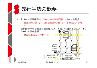 先⾏⼿法の概要
• 各ノードが高確率で1キャリーで到達可能なノードを発⾒
– Helloメッセージ，Statisticメッセージ，1-Carryメッセー
ジ
• 複数台の⾞両で到達可能な宛先ノードと，中継点となるノード，
キャリー数を把握
宛先...