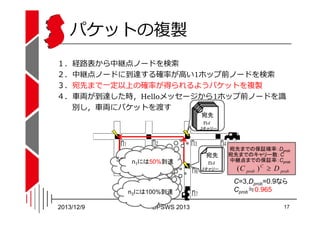 パケットの複製
１．経路表から中継点ノードを検索
２．中継点ノードに到達する確率が高い1ホップ前ノードを検索
３．宛先まで一定以上の確率が得られるようパケットを複製
４．⾞両が到達した時，Helloメッセージから1ホップ前ノードを識
別し，⾞両...