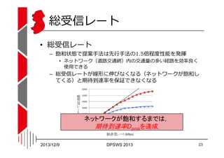 総受信レート
• 総受信レート

– 飽和状態で提案⼿法は先⾏⼿法の1.5倍程度性能を発揮

• ネットワーク（道路交通網）内の交通量の多い経路を効率良く
使用できる

– 総受信レートが線形に伸びなくなる（ネットワークが飽和し
てくる）と期待...
