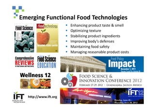 Emerging Functional Food Technologies
                        §   Enhancing product taste & smell
                        §   Optimizing texture
                        §   Stabilizing product ingredients
                        §   Improving body’s defenses
                        §   Maintaining food safety
                        §   Managing reasonable product costs




   http://www.ift.org
 