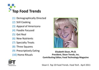 Top Food Trends
(1) Demographically Directed
(2) Still Cooking
(3) Appeal of Americana
(4) Foodie Focused
(5) Get Real
(6) New Nutrients
(7) Specialty Treats
(8) Three Squares
(9) Prescriptively Eating            Elizabeth Sloan, Ph.D.
(10) Home Rituals                 President, Sloan Trends, Inc.
                         Contributing Editor, Food Technology Magazine


                        Sloan E. Top 10 Food Trends. Food Tech. April 2011
 