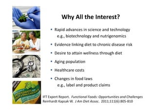 Why All the Interest?
     § Rapid advances in science and technology
        e.g., biotechnology and nutrigenomics
     § Evidence linking diet to chronic disease risk
     § Desire to attain wellness through diet
     § Aging population
     § Healthcare costs
     § Changes in food laws
        e.g., label and product claims

IFT Expert Report. Functional Foods: Opportunities and Challenges
Reinhardt Kapsak W. J Am Diet Assoc. 2011;111(6):805-810
 