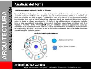 Análisis del tema
               PARA LA EDUCACIÓN   Reseña histórica de la edificación escolar en el mundo
ARQUITECTURA
                                   Durante la historia de la educación no existían tipologías de establecimientos educacionales, ya que la
                                   educación se impartía de forma oral , de padre a hijo por medio de cuentos o relatos, o se enseñaba por
                                   medio de la religión sin tener un edifico característico para la educación, ya que no existían sistemas
                                   educacionales, sino hasta el siglo XVIII en Rusia, y luego en el siglo XIX por el resto de Europa y América
                                   Latina, en donde se relatara a continuación. El diseño de los establecimientos educacionales, definidos
                                   como un lugar especializado para realizar el proceso de enseñanza y aprendizaje, se inicia a partir de la
                                   arquitectura moderna y de los primeros CIAM en cuyos postulados urbanos, el equipamiento escolar era
                                                                            CIAM,
                                   protagónico en la organización social, hasta hoy, que se busca reflejar en la arquitectura, la individualidad
                                   de cada proyecto educativo y el contexto en que se desarrolla. Durante este periodo se pueden distinguir a
                                   grandes rasgos las siguientes etapas.

                                                                Planificación de la arquitectura escolar



                                                                                                           Núcleo escolar primario



                                                                                                           Núcleo escolar secundario




                                   JOHN SANHUEZA VÁSQUEZ
                                                UDLA Seminario de Investigación Profesores : Arnaldo Ruiz, -Andrea Santa Cruz
 