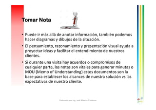 • Puede ir más allá de anotar información, también podemos
hacer diagramas y dibujos de la situación.
• El pensamiento, razonamiento y presentación visual ayuda a
proyectar ideas y facilitar el entendimiento de nuestros
clientes.
• Si durante una visita hay acuerdos o compromisos de
cualquier parte, las notas son vitales para generar minutas o
MOU (Memo of Understanding) estos documentos son la
base para establecer los alcances de nuestra solución vs las
expectativas de nuestro cliente.
Elaborado por Ing. José Alberto Cárdenas
Tomar Nota
 