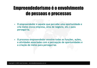 Copyright © 2005 José Dornelas – dornelas@empreende.com.br
Empreendedorismo é o envolvimento
de pessoas e processos
• O empreendedor é aquele que percebe uma oportunidade e
cria meios (nova empresa, área de negócio, etc.) para
persegui-la.
• O processo empreendedor envolve todas as funções, ações,
e atividades associadas com a percepção de oportunidades e
a criação de meios para persegui-las
 