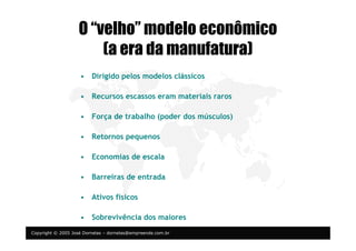 Copyright © 2005 José Dornelas – dornelas@empreende.com.br
O “velho” modelo econômico
(a era da manufatura)
• Dirigido pelos modelos clássicos
• Recursos escassos eram materiais raros
• Força de trabalho (poder dos músculos)
• Retornos pequenos
• Economias de escala
• Barreiras de entrada
• Ativos físicos
• Sobrevivência dos maiores
 