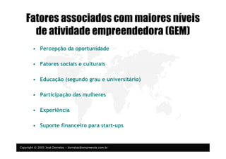 Copyright © 2005 José Dornelas – dornelas@empreende.com.br
Fatores associados com maiores níveis
de atividade empreendedora (GEM)
• Percepção da oportunidade
• Fatores sociais e culturais
• Educação (segundo grau e universitário)
• Participação das mulheres
• Experiência
• Suporte financeiro para start-ups
 