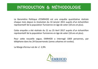 INTRODUCTION & MÉTHODOLOGIE
Le Baromètre Politique d’EMRHOD est une enquête quantitative réalisée
chaque mois depuis la révolution du 14 Janvier 2011 auprès d’un échantillon
représentatif de la population Tunisienne en âge de voter (18 ans et plus).
Cette enquête a été réalisée du 21 au 25 Avril 2017 auprès d’un échantillon
représentatif de la population Tunisienne en âge de voter (18 ans et plus).
Pour cette nouvelle vague, EMRHOD a interrogé 1069 personnes, par
téléphone dans les 24 Gouvernorats (zones urbaines et rurales).
La Marge d’erreur est de +/- 2,9%
 