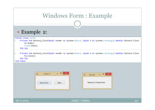 Windows Form : Example
 Example 2:
28-11-2014 ANKIT VERMA 10
 