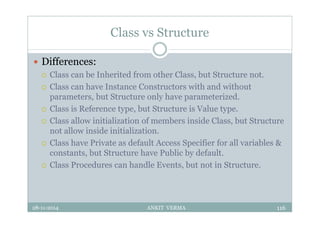 Class vs Structure
 Differences:
 Class can be Inherited from other Class, but Structure not.
 Class can have Instance Constructors with and without
parameters, but Structure only have parameterized.
 Class is Reference type, but Structure is Value type.
 Class allow initialization of members inside Class, but Structure
not allow inside initialization.
 Class have Private as default Access Specifier for all variables &
constants, but Structure have Public by default.
 Class Procedures can handle Events, but not in Structure.
28-11-2014 ANKIT VERMA 116
 