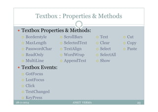 Textbox : Properties & Methods
 Textbox Properties & Methods:
 Borderstyle
 MaxLength
 PasswordChar
 ReadOnly
 MultiLine
 Textbox Events:
 GotFocus
 LostFocus
 Click
 TextChanged
 KeyPress
28-11-2014 ANKIT VERMA 23
 ScrollBars
 SelectedText
 TextAlign
 WordWrap
 AppendText
 Text
 Clear
 Select
 SelectAll
 Show
 Cut
 Copy
 Paste
 