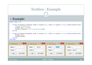 Textbox : Example
 Example:
28-11-2014 ANKIT VERMA 24
 