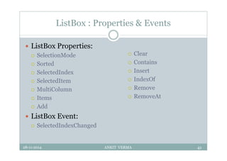 ListBox : Properties & Events
 ListBox Properties:
 SelectionMode
 Sorted
 SelectedIndex
 SelectedItem
 MultiColumn
 Items
 Add
 ListBox Event:
 SelectedIndexChanged
28-11-2014 ANKIT VERMA 41
 Clear
 Contains
 Insert
 IndexOf
 Remove
 RemoveAt
 