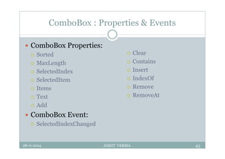 ComboBox : Properties & Events
 ComboBox Properties:
 Sorted
 MaxLength
 SelectedIndex
 SelectedItem
 Items
 Text
 Add
 ComboBox Event:
 SelectedIndexChanged
28-11-2014 ANKIT VERMA 43
 Clear
 Contains
 Insert
 IndexOf
 Remove
 RemoveAt
 