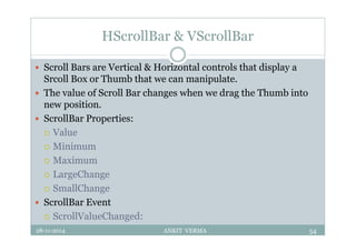 HScrollBar & VScrollBar
 Scroll Bars are Vertical & Horizontal controls that display a
Srcoll Box or Thumb that we can manipulate.
 The value of Scroll Bar changes when we drag the Thumb into
new position.
 ScrollBar Properties:
 Value
 Minimum
 Maximum
 LargeChange
 SmallChange
 ScrollBar Event
 ScrollValueChanged:
28-11-2014 ANKIT VERMA 54
 
