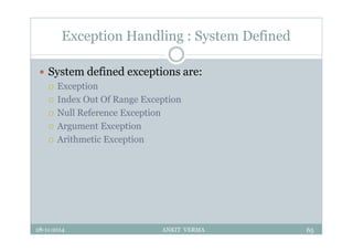 Exception Handling : System Defined
 System defined exceptions are:
 Exception
 Index Out Of Range Exception
 Null Reference Exception
 Argument Exception
 Arithmetic Exception
28-11-2014 ANKIT VERMA 65
 