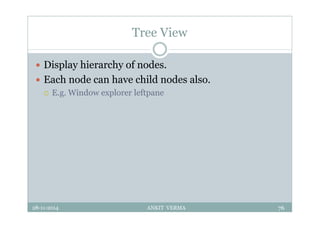 Tree View
 Display hierarchy of nodes.
 Each node can have child nodes also.
 E.g. Window explorer leftpane
28-11-2014 ANKIT VERMA 76
 