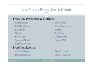 Tree View : Properties & Events
 TreeView Properties & Methods:
 CheckBoxes
 FullRowSelcet
 LabelEdit
 Nodes
 Scrollable
 SelectedNode
 GetNodeCount
 TreeView Events:
 AfterCollapse
 BeforeCollapse
28-11-2014 ANKIT VERMA 77
 ShowLines
 ShowRootLines
 Sorted
 TopNode
 CollapseAll
 ExpandAll
 AfterExpand
 BeforeExpand
 