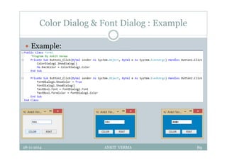 Color Dialog & Font Dialog : Example
 Example:
28-11-2014 ANKIT VERMA 89
 