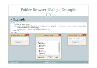 Folder Browser Dialog : Example
 Example:
28-11-2014 ANKIT VERMA 92
 