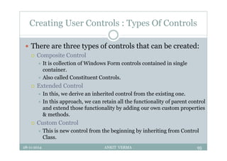 Creating User Controls : Types Of Controls
 There are three types of controls that can be created:
 Composite Control
 It is collection of Windows Form controls contained in single
container.
 Also called Constituent Controls.
 Extended Control
 In this, we derive an inherited control from the existing one.
 In this approach, we can retain all the functionality of parent control
and extend those functionality by adding our own custom properties
& methods.
 Custom Control
 This is new control from the beginning by inheriting from Control
Class.
28-11-2014 ANKIT VERMA 95
 