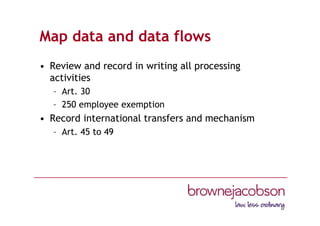 Map data and data flows
• Review and record in writing all processing
activities
– Art. 30
– 250 employee exemption
• Record international transfers and mechanism
– Art. 45 to 49
 