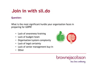 Join in with sli.do
Question:
What is the most significant hurdle your organisation faces in
preparing for GDPR?
• Lack of awareness/training
• Lack of budget/team
• Organisation/system complexity
• Lack of legal certainty
• Lack of senior management buy-in
• Other
 