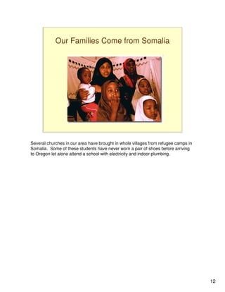 Our Families Come from Somalia




Several churches in our area have brought in whole villages from refugee camps in
Somalia. Some of these students have never worn a pair of shoes before arriving
to Oregon let alone attend a school with electricity and indoor plumbing.




                                                                                    12
 
