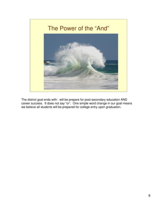 The Power of the “And”




The district goal ends with: will be prepare for post-secondary education AND
career success. It does not say “or”. One simple word change in our goal means
we believe all students will be prepared for college entry upon graduation.




                                                                                 6
 
