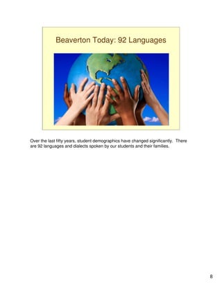 Beaverton Today: 92 Languages




Over the last fifty years, student demographics have changed significantly. There
are 92 languages and dialects spoken by our students and their families.




                                                                                    8
 